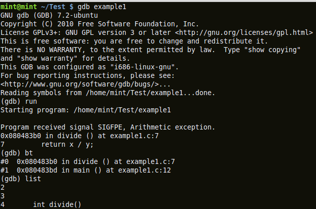 An example showing usage of gdb