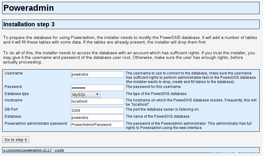 Enter PowerDNS Database Settings