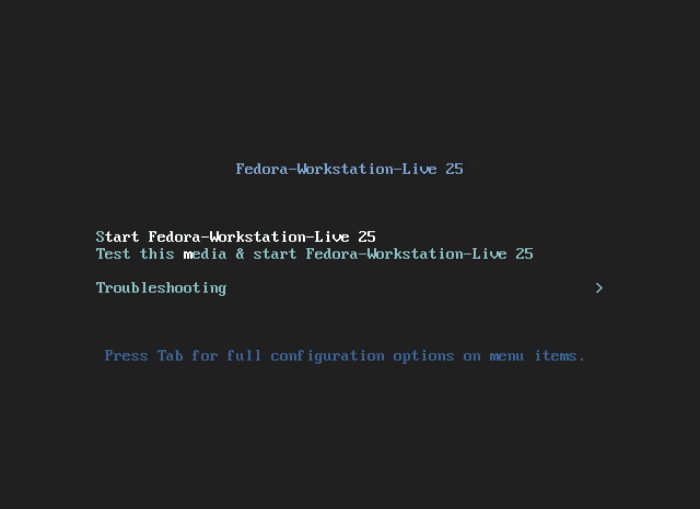 Fedora 25 Boot Menu