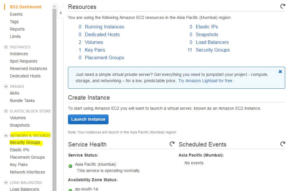 AWS EC2 management console