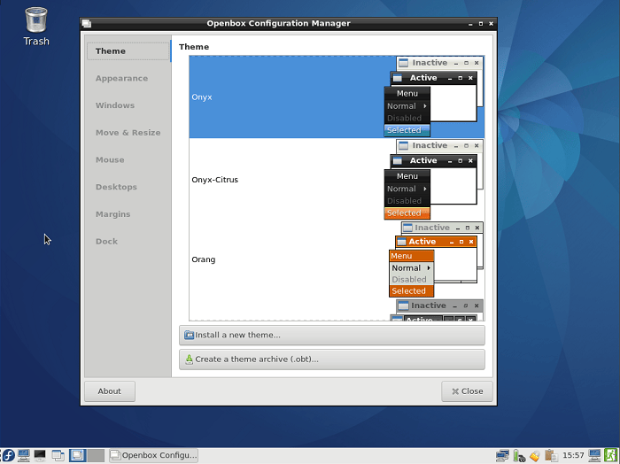 打开了 Openbox Configuration Manager 的 LXDE 桌面。