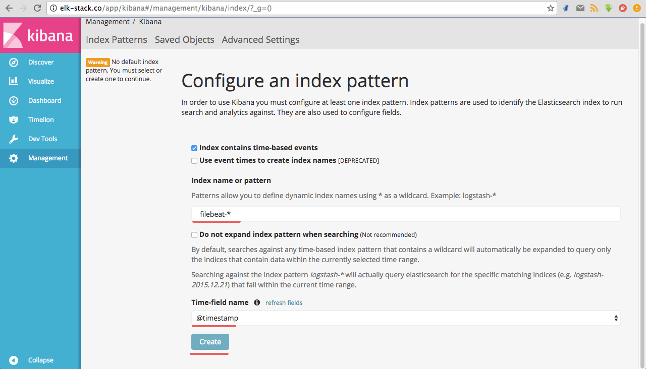 Create First index filebeat for Kibana