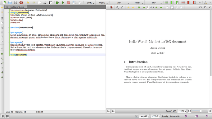 The finished document with code and the PDF output side-by-side