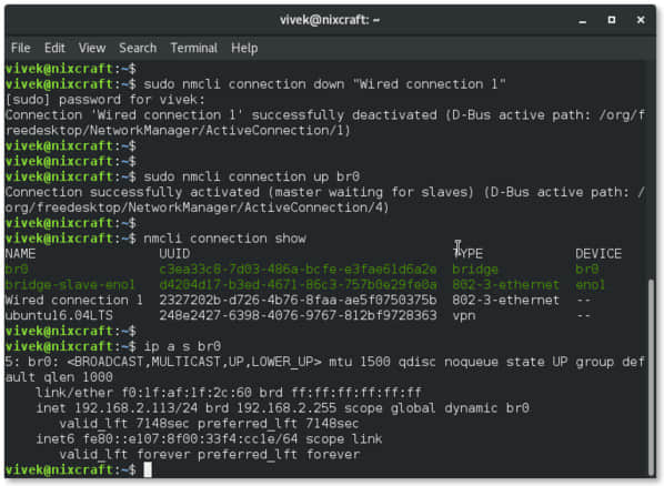 Build a network bridge with nmcli on Linux