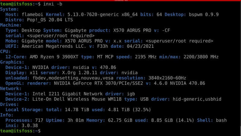 Detailed hardware and software information about machine as reported by inxi