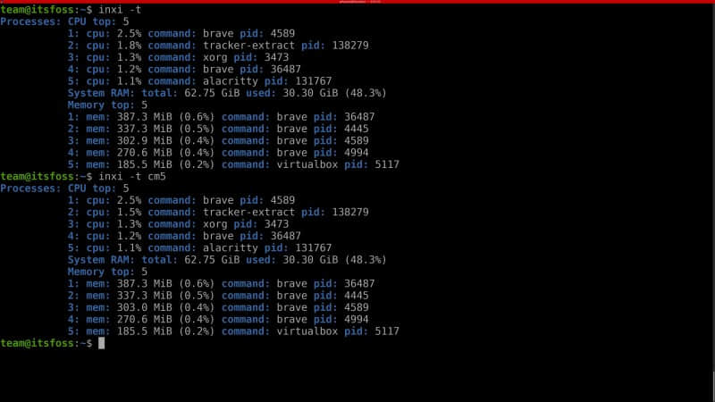 No difference in output of “inti -t” and “inxi -t cm5”