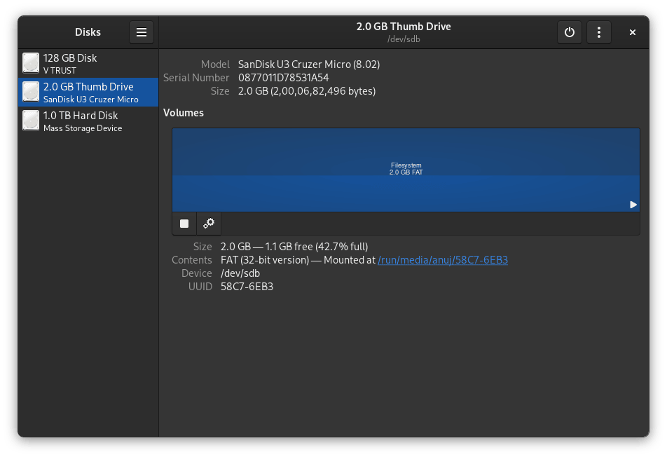 Use GNOME Disks to list mounted USB devices