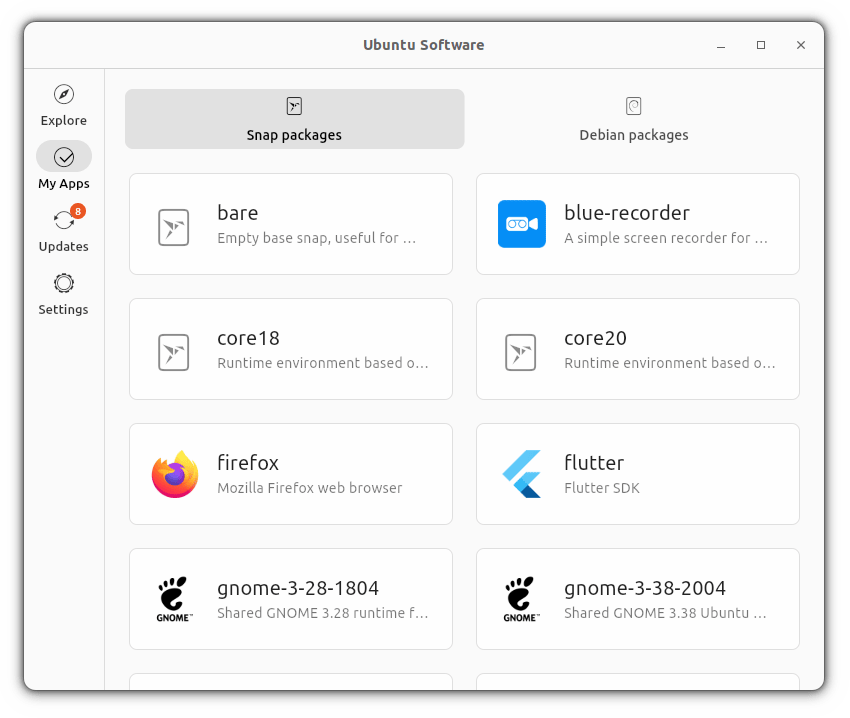 separate section for deb and snap packages in ubuntu software