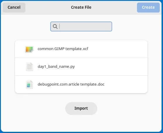 GNOME Files New File Template Dialog (when some templates present)