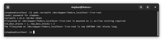 resize2fs command output