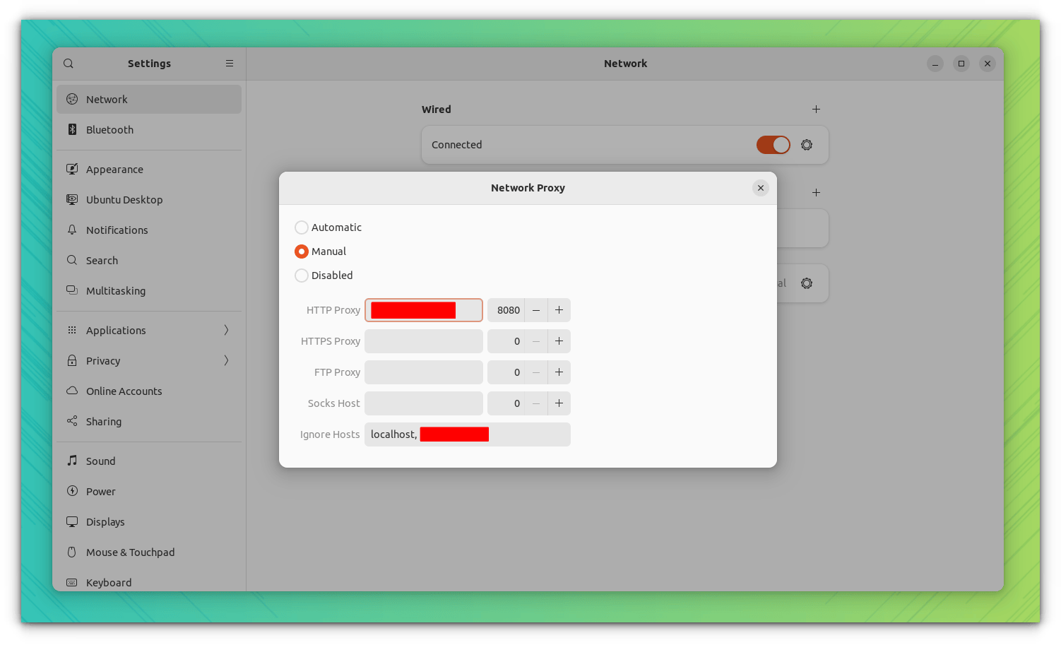 Proxy details in GNOME Settings